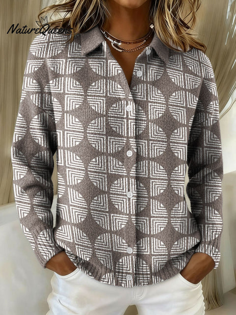 Geometric Lines And Circular Decorative Patterns Casual Shirt Collar Long Sleeve Sweater