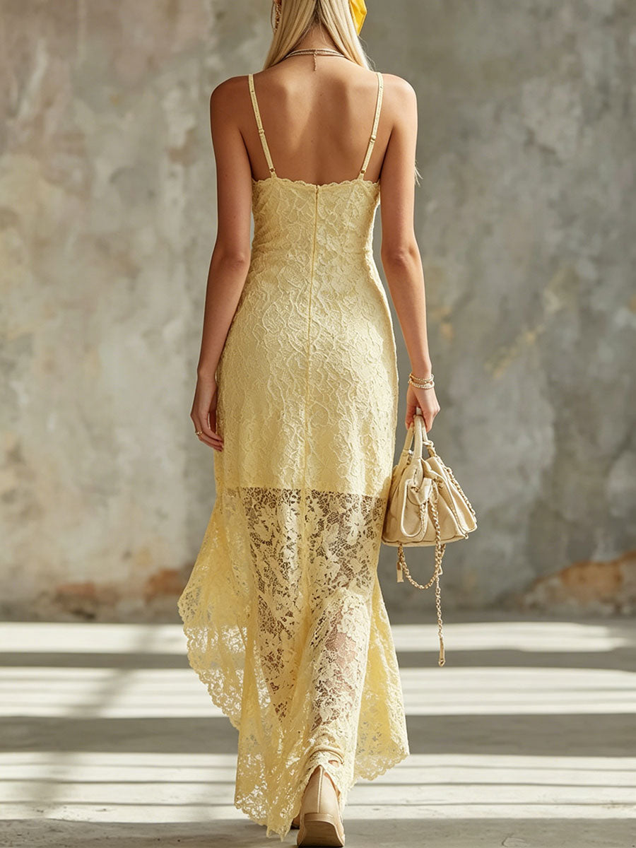 Women's Yellow Lace Sleeveless Maxi Dress