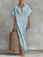 Women's Solid Color Collared Short-sleeved Casual Loose Linen Dress