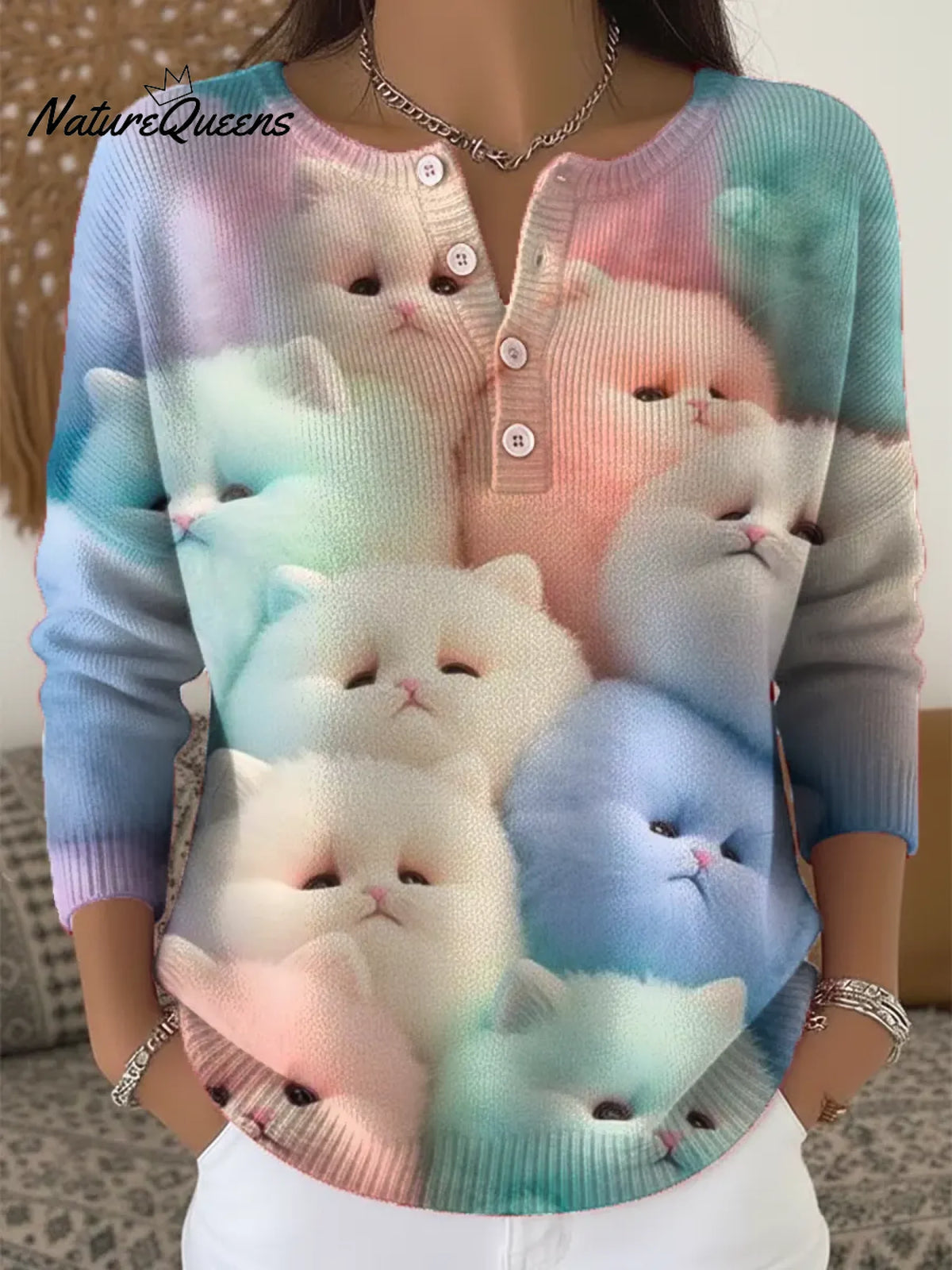 Women's Funny Cats Pattern Art Print Casual Cardigan Sweater