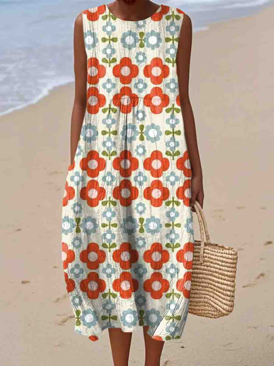 Women's Vintage Geometry Flower Art Print Sleeveless Cotton Pocket Wrap Dress