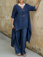 Casual Denim Button Details Top And Wide-leg Pants Two-piece Set