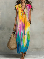Women's Vintage Pattern Art Print Casual Ruffled Stylish Cotton Linen Dress