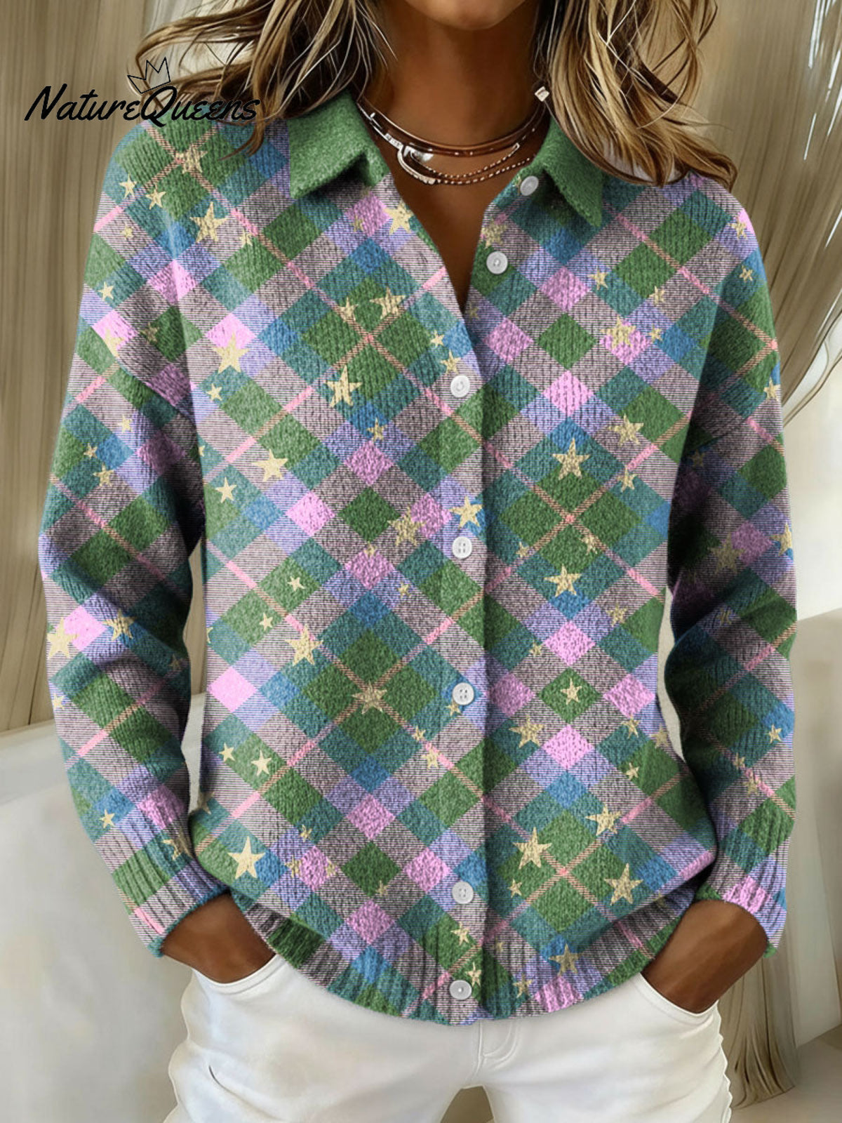 Christmas-themed Star And Plaid Decorative Patterns Casual Shirt Collar Long Sleeve Sweater