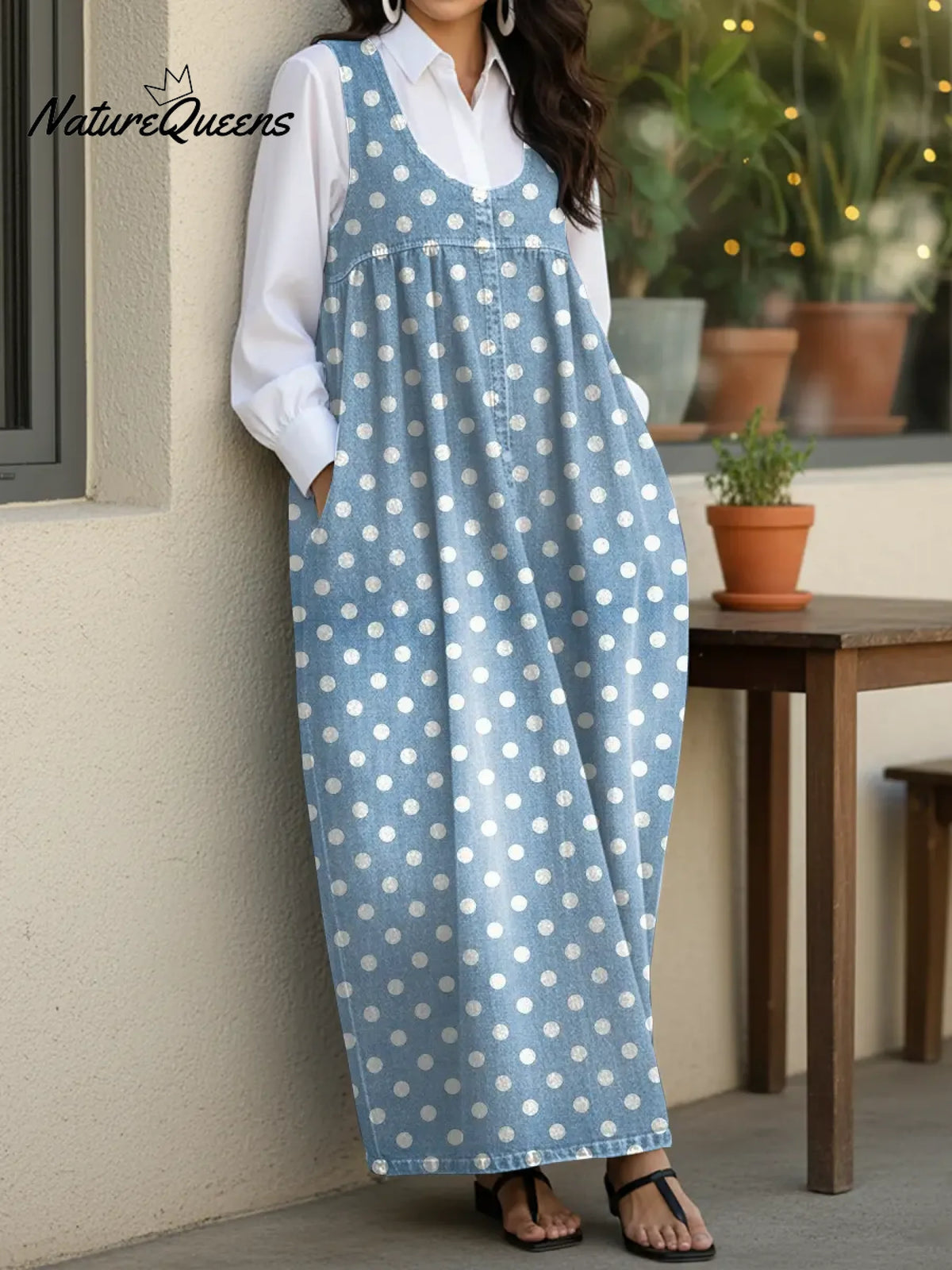 Women's Cute Polka Dots Casual Loose Denim Vest Dress
