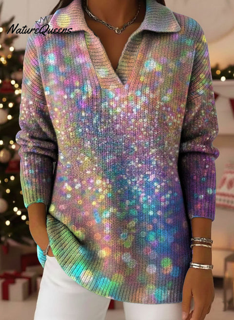 Christmas Retro Gradient Ethnic Art Pattern Art Polo Collar Shiny Loose Sweater Top