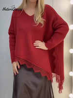 Women's Cozy Patchwork Lace Asymmetrical Hem Pullover Sweater