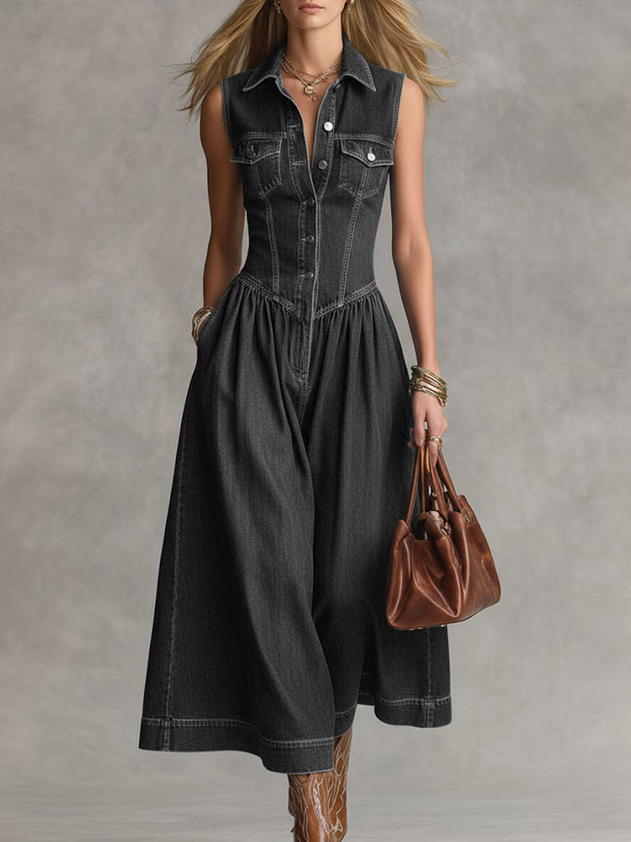 Women's Sleeveless Casual Loose Denim Wide-leg Jumpsuit With Lapel Collar