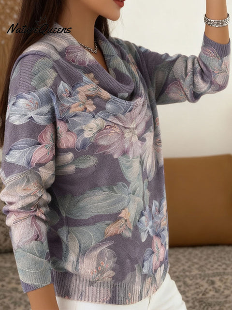 Elegant Purple Floral Decorative Pattern Women's Casual Swing Collar Long Sleeve Sweater