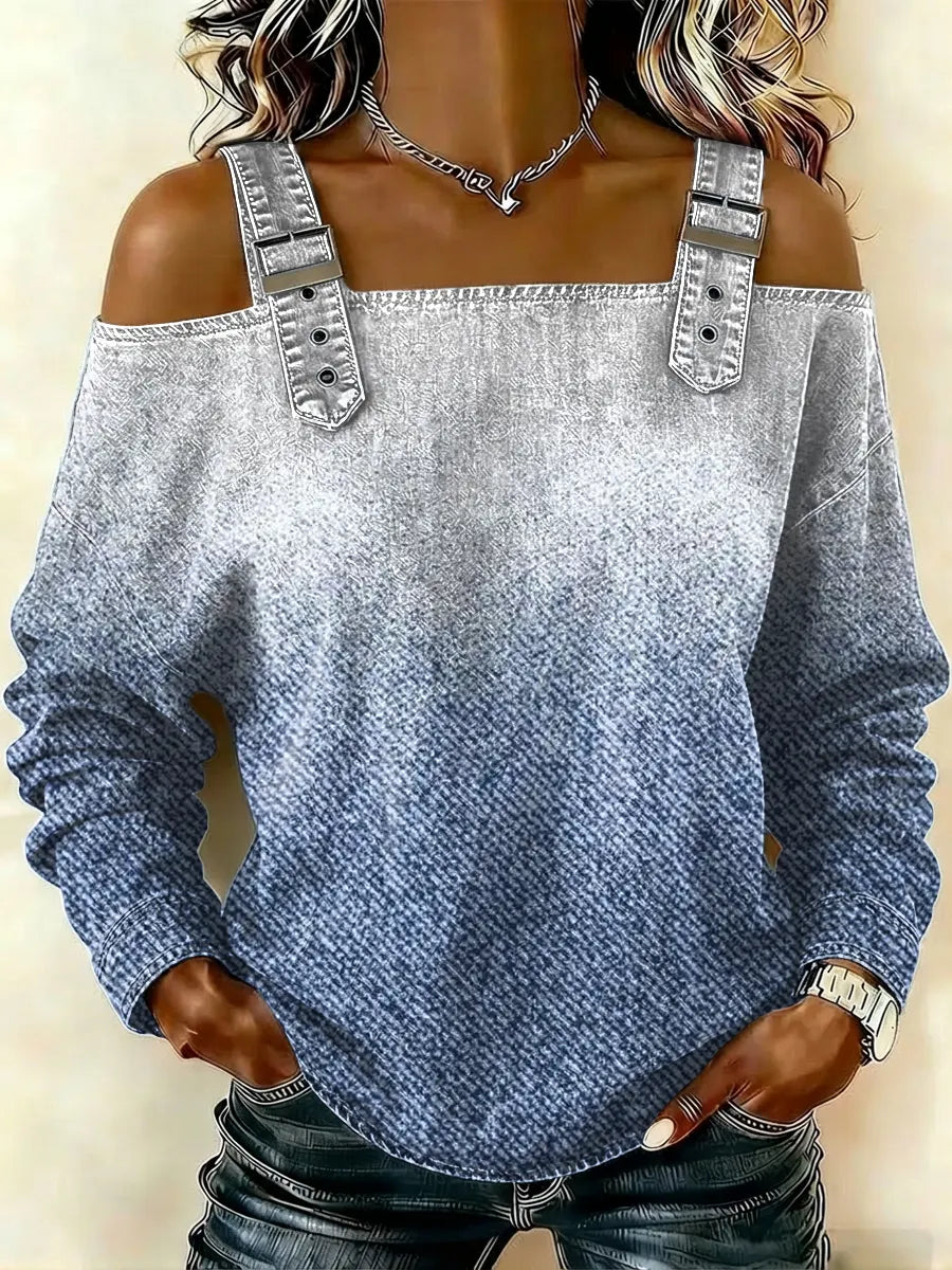 Women‘s Vintage Art Print Casual Cotton Denim Shirt