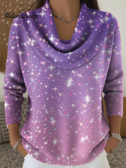 Women's Gradient Purple Sparkling Print Cowl Neck Sweater