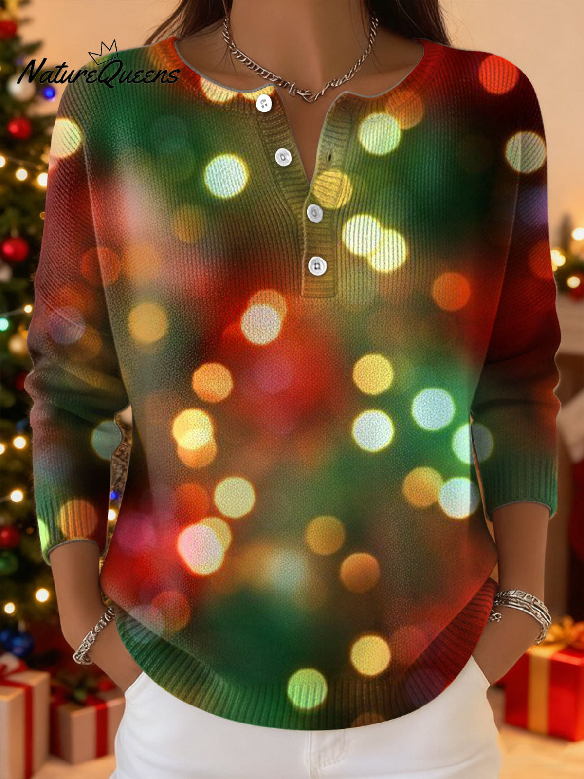 Women's Christmas Pattern Art Print Buttoned Cardigan Sweater