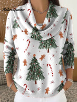 Women's Vintage ChristmasTree Art Print Cowl Neck Sweater