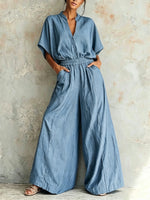 Two-piece Set: Short-sleeve Cotton-linen Top With A Small Stand Collar And Batwing Sleeves + High-waisted Wide-leg Pants With An Elastic Waistband.