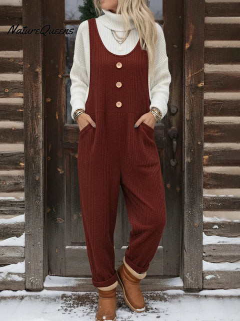 Autumn and Winter Casual Loose Button Corduroy Jumpsuit