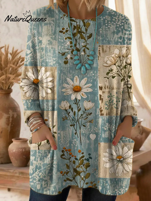 Women's Floral Pattern Art Print Casual Cotton Knitted Sweater