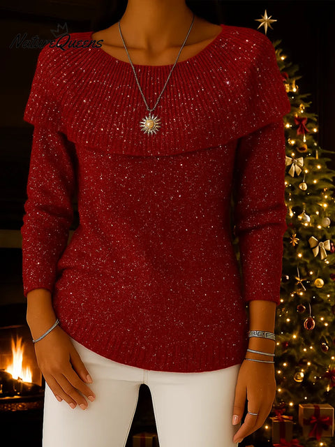 Women's Solid Color Round Neck Ruffled Long Sleeve Casual Loose Sequined Knit Top