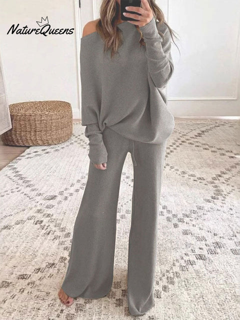 Women's Casual Solid Color Batwing Long-sleeve Two-piece Set