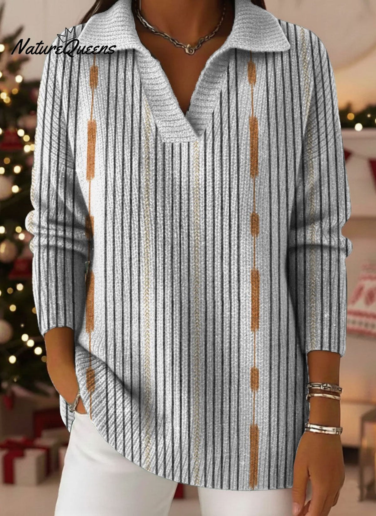 Women's Geometric Vertical Stripe Decorative Pattern Casual Shirt Collar Long Sleeve Sweater