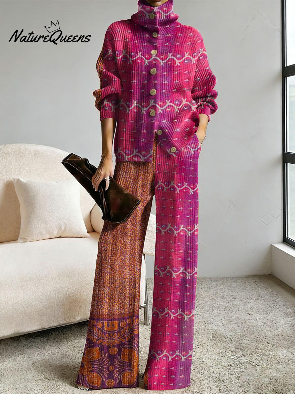 Women's Retro Abstract Geometric Colorful Splicing Patterns Art Print Casual Cotton Knitted Suits