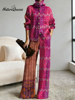 Women's Retro Abstract Geometric Colorful Splicing Patterns Art Print Casual Cotton Knitted Suits