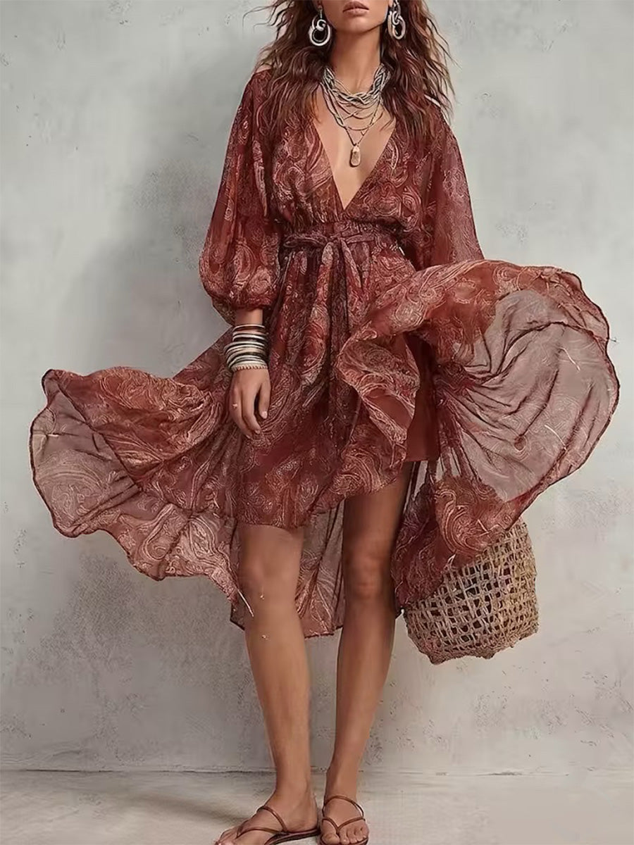 Paisley Print V-neck Lantern-sleeve Ruffled Dress With Self-tie Waist