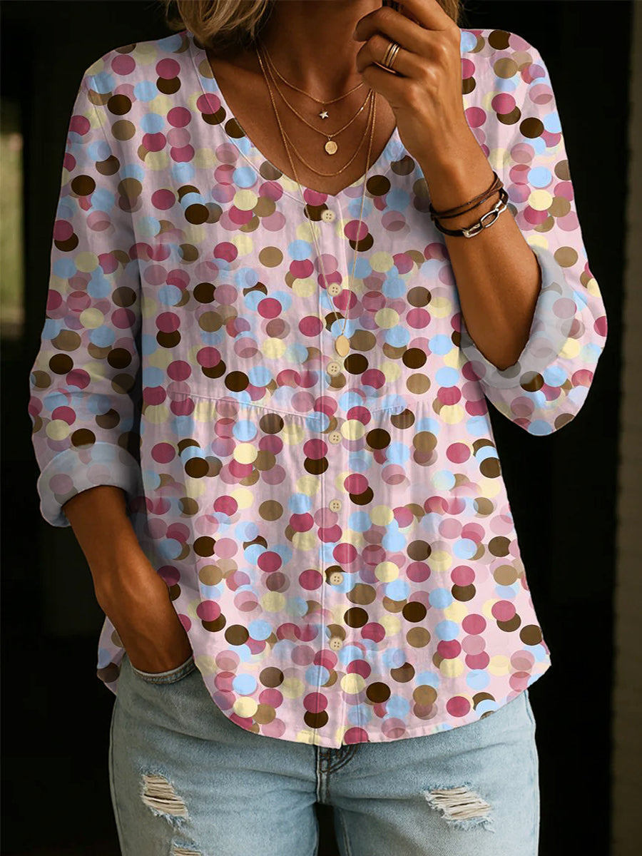 Women's Vintage Polka Dot & Artistic Print Linen-cotton Shirt