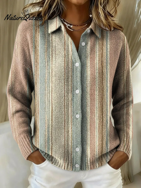 Women's Retro Vertical Stripes Printed Collared Sweater