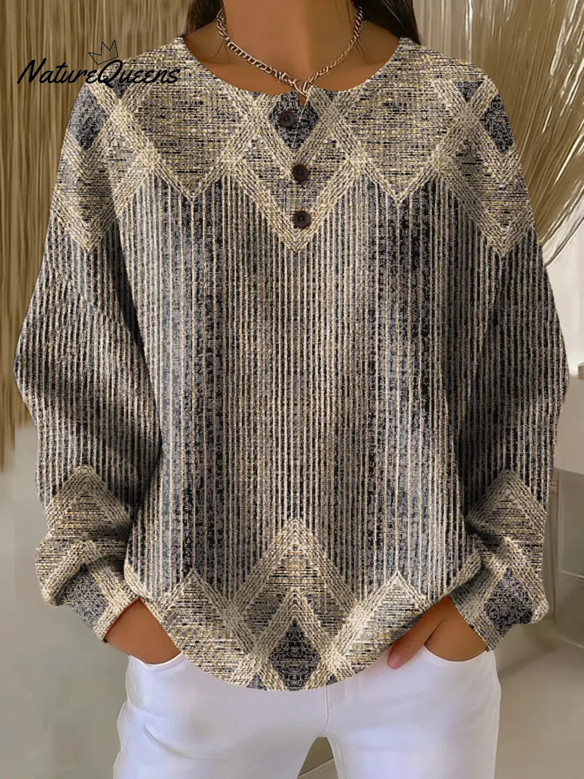 Women's Geometric Pattern Art Print Casual Waffle Sweatshirt