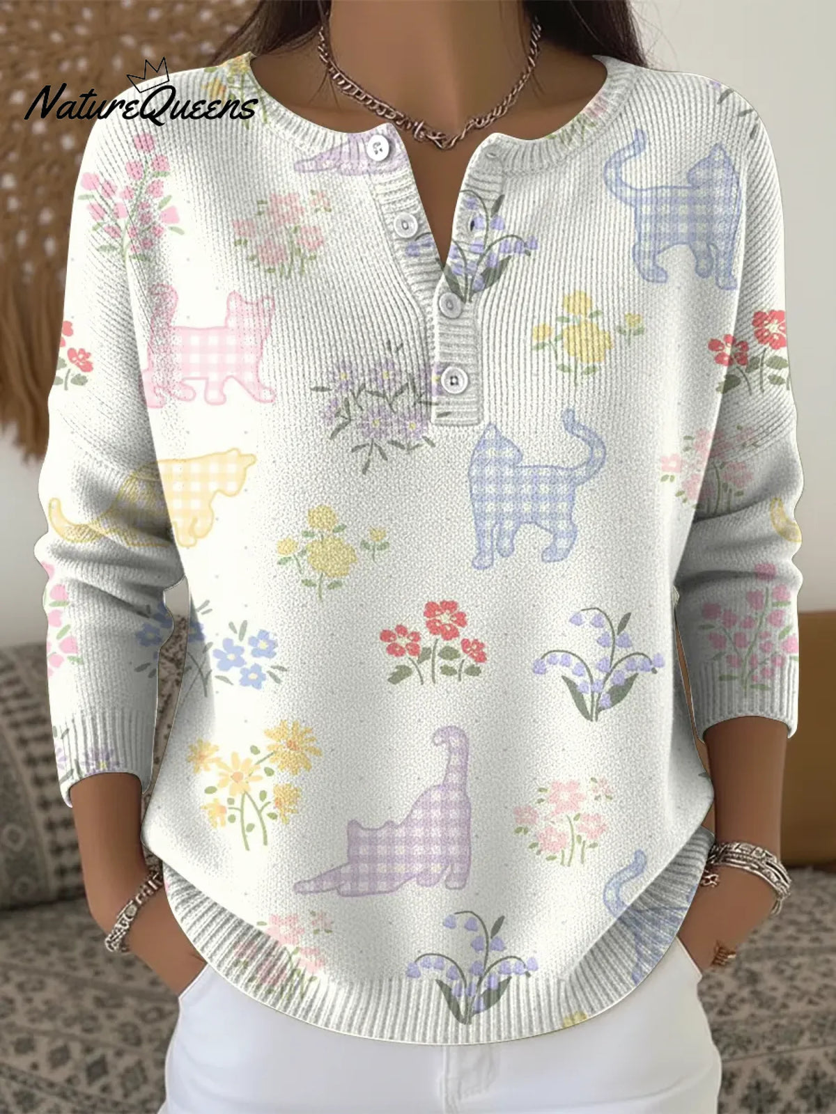 Women's Floral Cat Cat Casual Printed Sweater