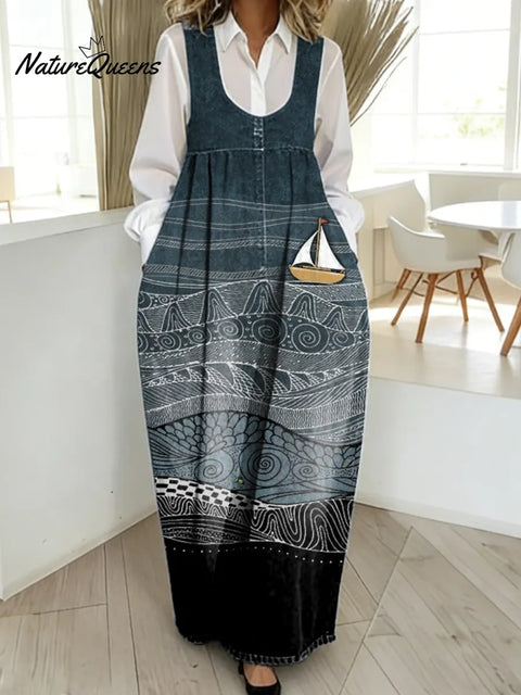 Women's Coastal Lines And Sailboats Art Print Casual Cotton Denim Dress