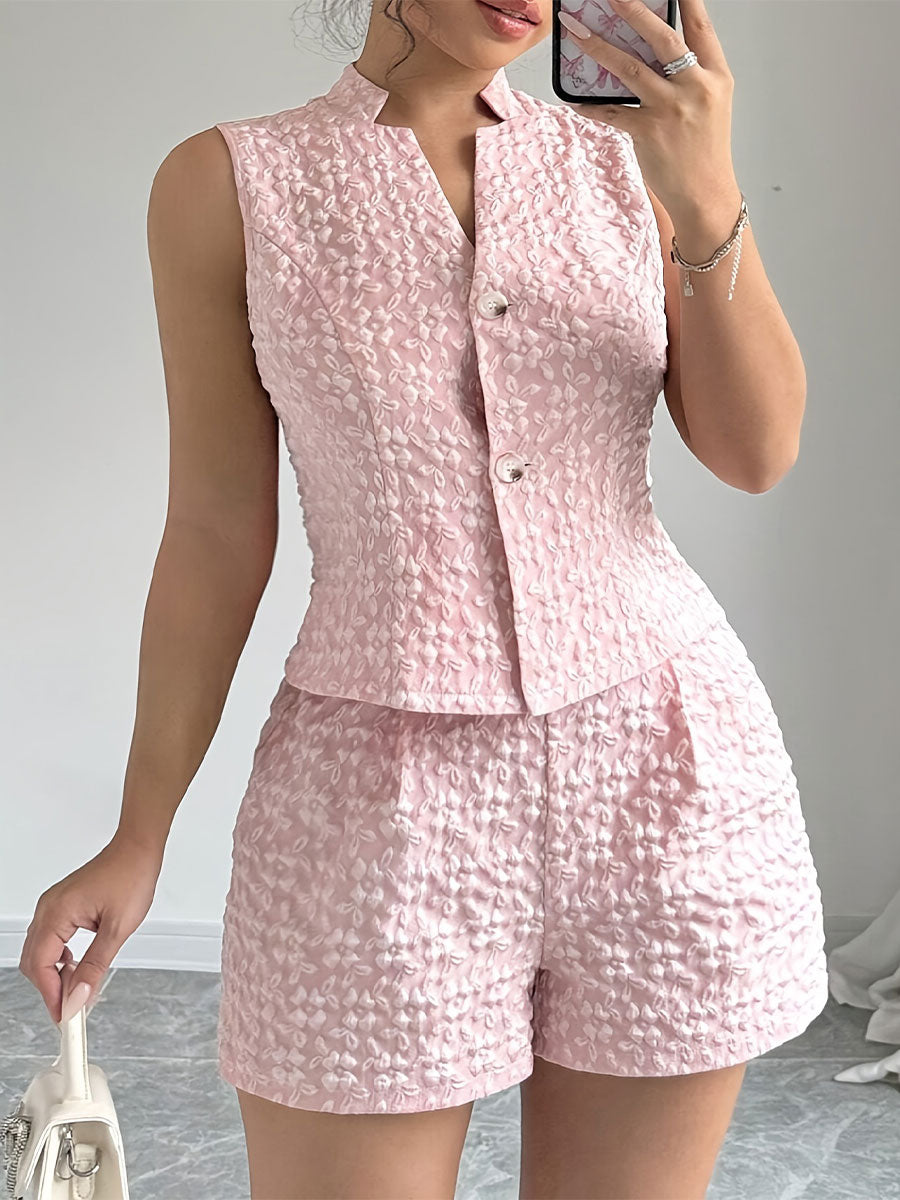 Women's Solid-color Jacquard Sleeveless Vest And Shorts Two-piece Set