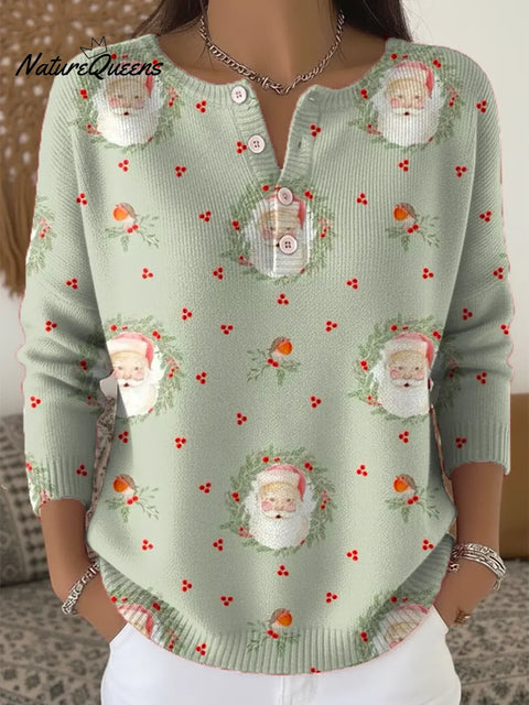 Women's Christmas Santa Art Print Casual Buttoned Cardigan Sweater