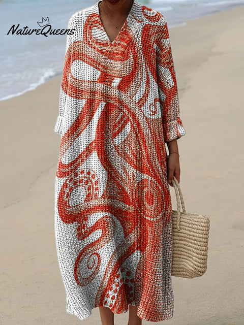 Octopus Decorative Pattern Women's Casual V-collar Long Sleeve Dress