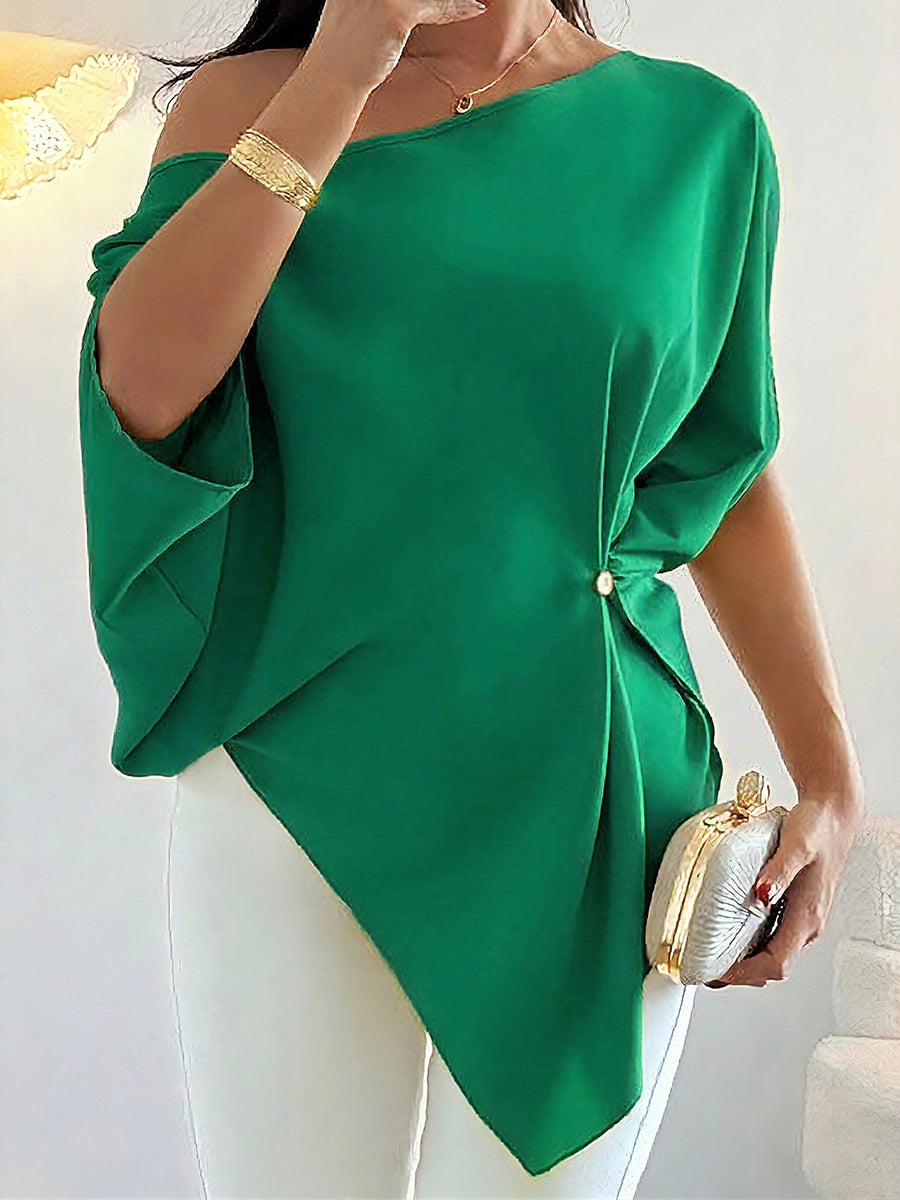 Elegant Off-shoulder Asymmetrical Design Buttoned Blouse