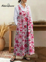 Women's Floral Print U-neck Sleeveless Casual Loose Cotton Vest Dress