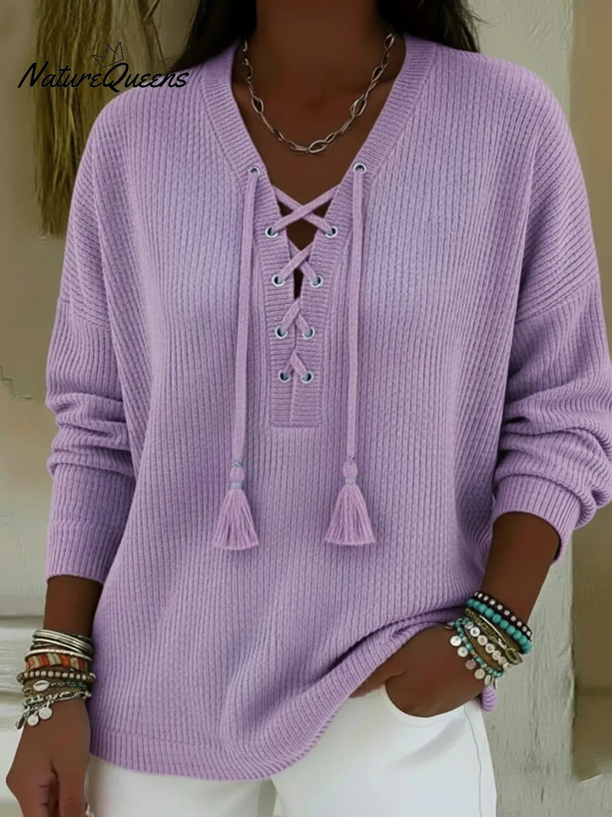 Boho Style Casual V-neck Drawstring Tassel Pullover