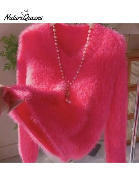 Women's Candy-Colored Plush V-Neck Sweater