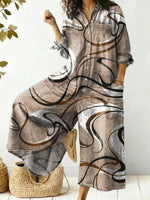 Women's Abstract Line Pattern Art Print Casual Cotton Denim Jumpsuit