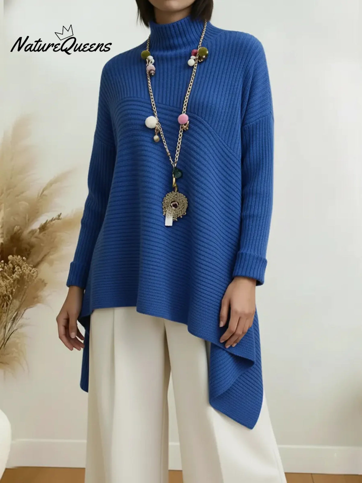 Women's Cozy High-neck Pullover Sweater With Asymmetrical Hem