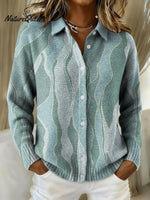 Blue Wave Decorative Pattern Casual Shirt Collar Long Sleeve Sweater