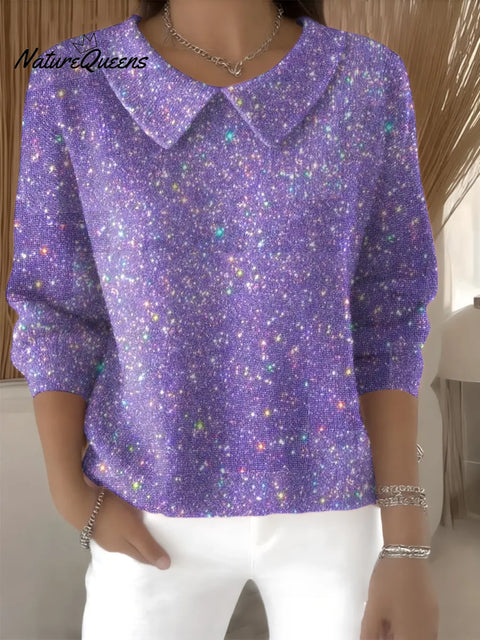 Women's Shimmering Purple Casual Peter Pan Collar 3/4 Sleeve Sweater