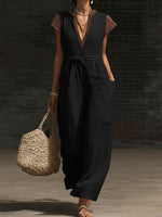 Casual V-neck Color-blocked Dress With Large Patch Pockets