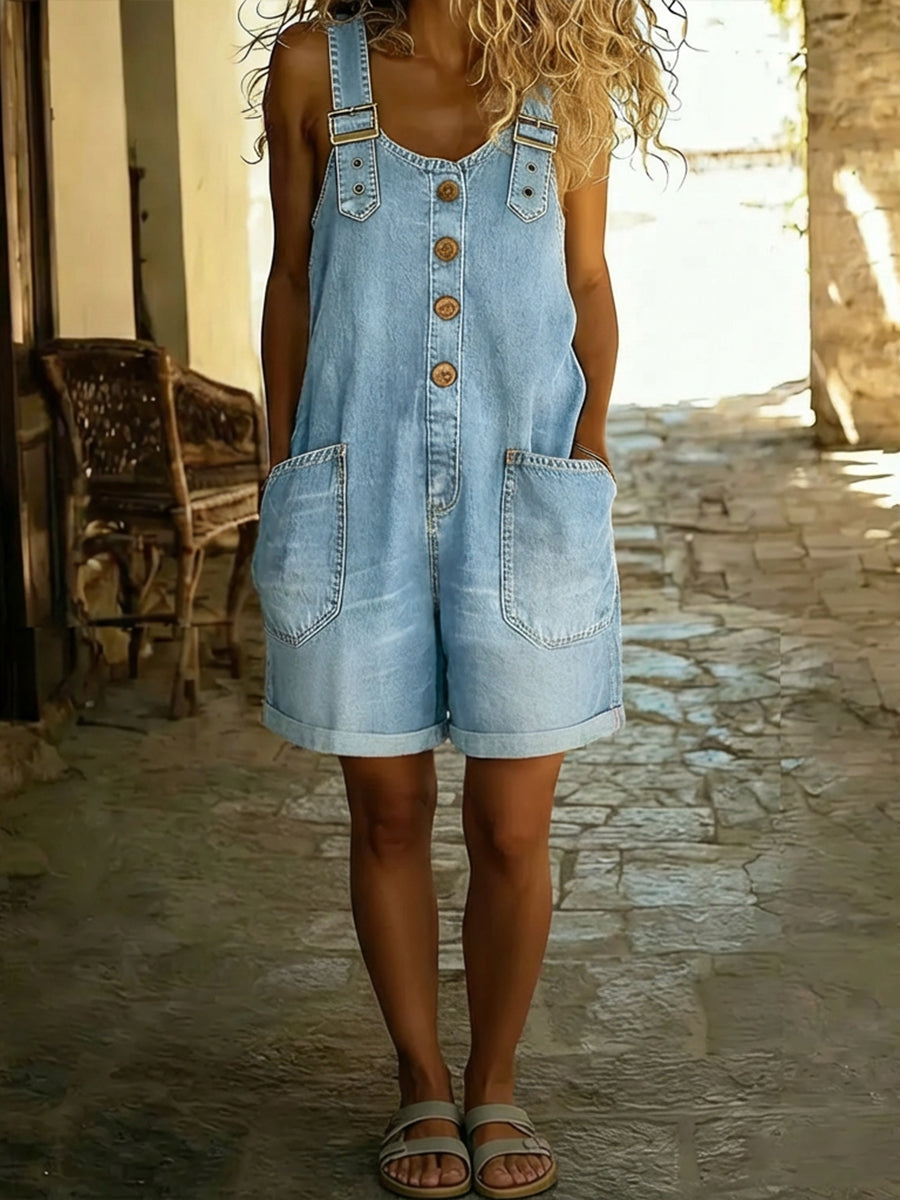Casual Adjustable-strap Denim Jumpsuit Shorts