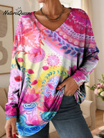 Women's Lovely Floral Flowers Pattern Art Print V-neck Casual Cotton T-shirt