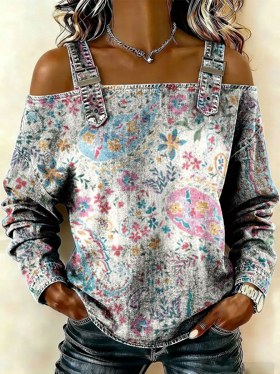 Women‘s Vintage Flowers Pattern Art Print Casual Cotton Denim Shirt