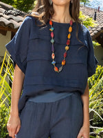 Women's Solid Color Round Neck Short-sleeved Casual Loose Pleated Cotton And Linen Top