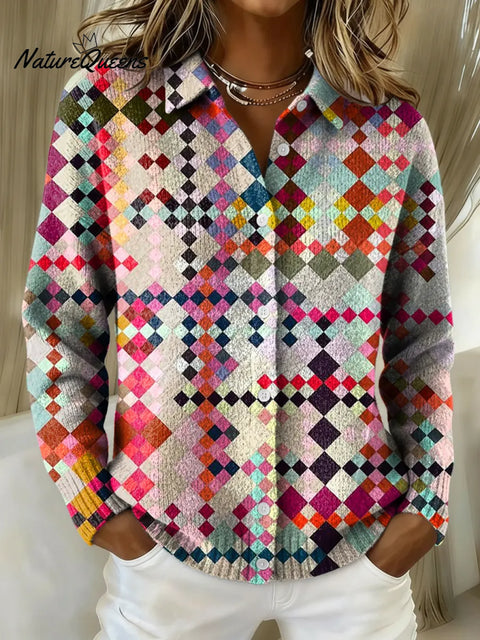 Women's Colorful Art Dots Printed Collared Sweater