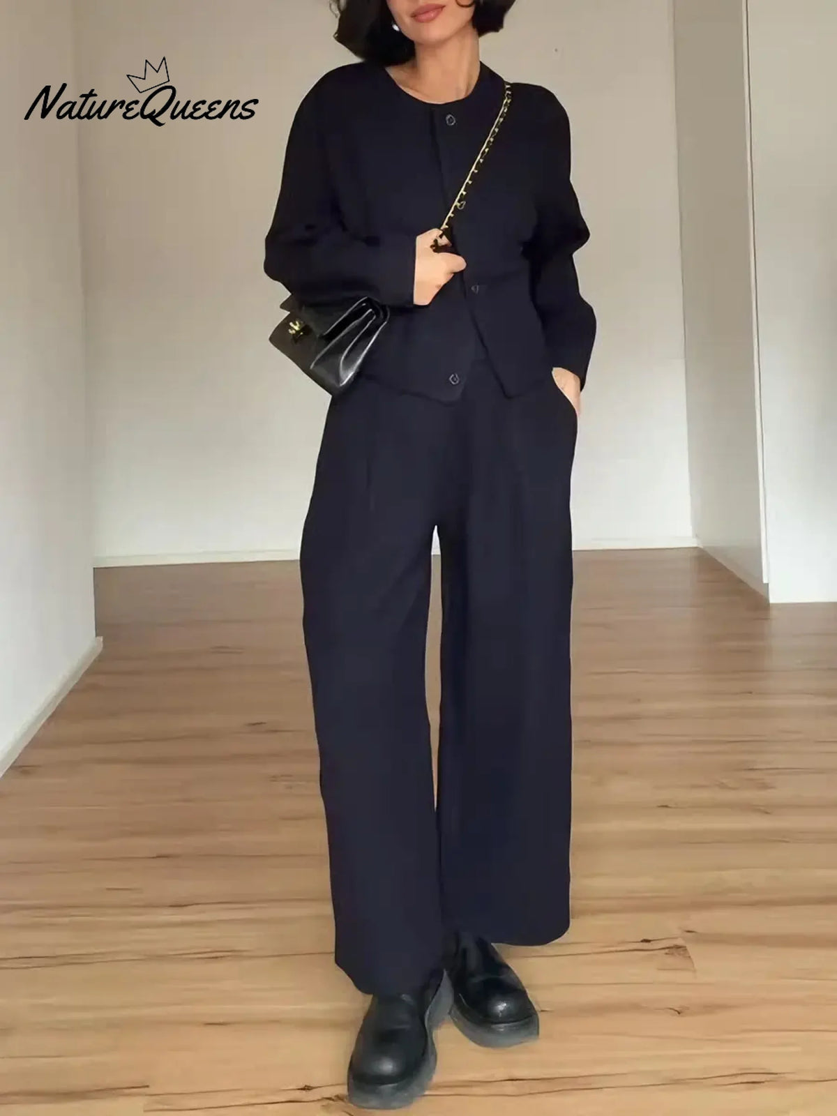 Women's Solid Color Round Neck Long Sleeve Casual Loose Cardigan High Waist Casual Wide Leg Pants Set