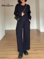 Women's Solid Color Round Neck Long Sleeve Casual Loose Cardigan High Waist Casual Wide Leg Pants Set